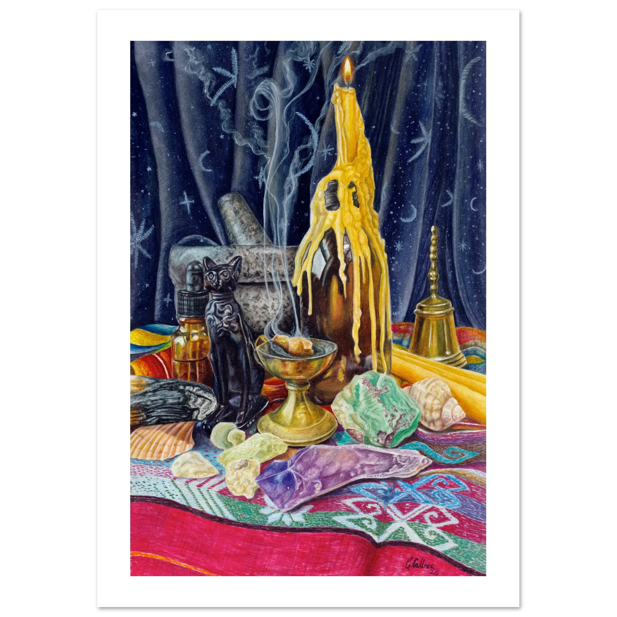 0fb3100d-1f04-4328-b3a1-dc3afac96274watercolor painting of a mystical ritual altar
witch altar art print with crystals and candle
magical still life watercolor for witchy decor
pagan altar artwork with incense and crystals
occult inspired watercolor wall art
crystal altar painting with black cat statue
celestial witch aesthetic home decor
witchcore watercolor print for gothic interiors
moon magic altar artwork
mystical candle and crystal art print Detailed watercolor still life depicting a mystical altar wi