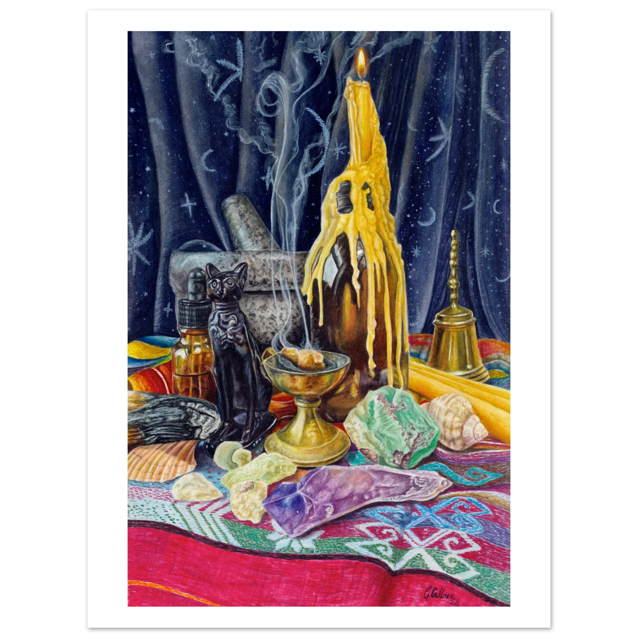 be00e00a-bc98-4e94-b465-04daa4f3ccd3 Detailed watercolor still life depicting a mystical altar with a melting beeswax candle, smoking incense, crystals, a black cat statue, mortar and pestle, bell, shells, and celestial symbols on a dark blue backdrop. Ideal for witchy, gothic, pagan, and mystical home decor.
Witchcore Decor
Gothic Home Decor
Cottage Witch Decor
Pagan & Mystical Art
Crystal Lover Gift
Spiritual Room Decor
Dark Academia Decor
Halloween Decor (year-round)
Fantasy Wall Art
Watercolor Fine Art 